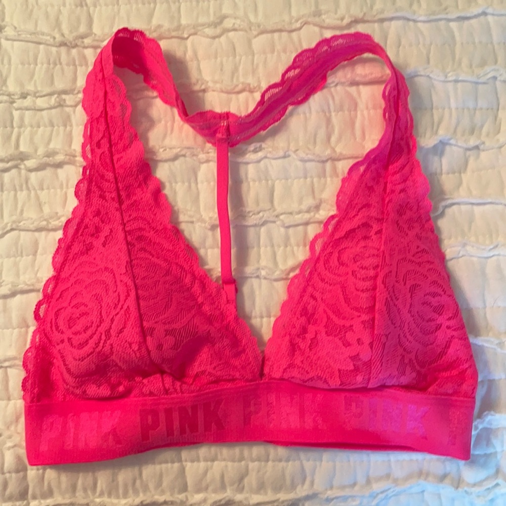 Neon pink lace halter top bralette - PINK/VS